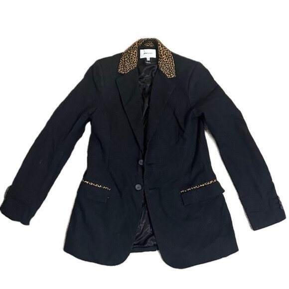 Current/Elliott Black The Calla Cotton-Wool Blazer w/ Leopard Print Trim Sz 0 - Picture 2 of 8